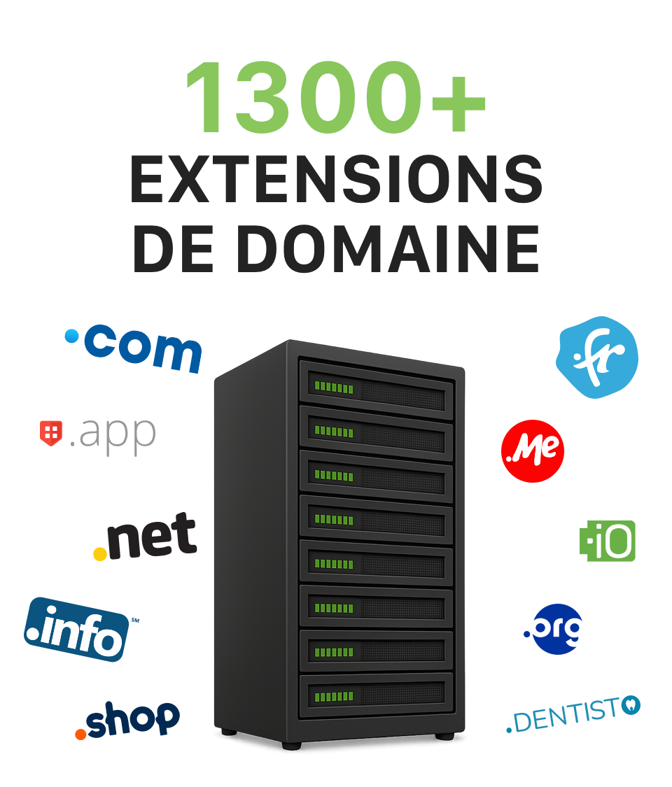 Cloud hosting services illustration showing servers, domain management, and professional email solutions